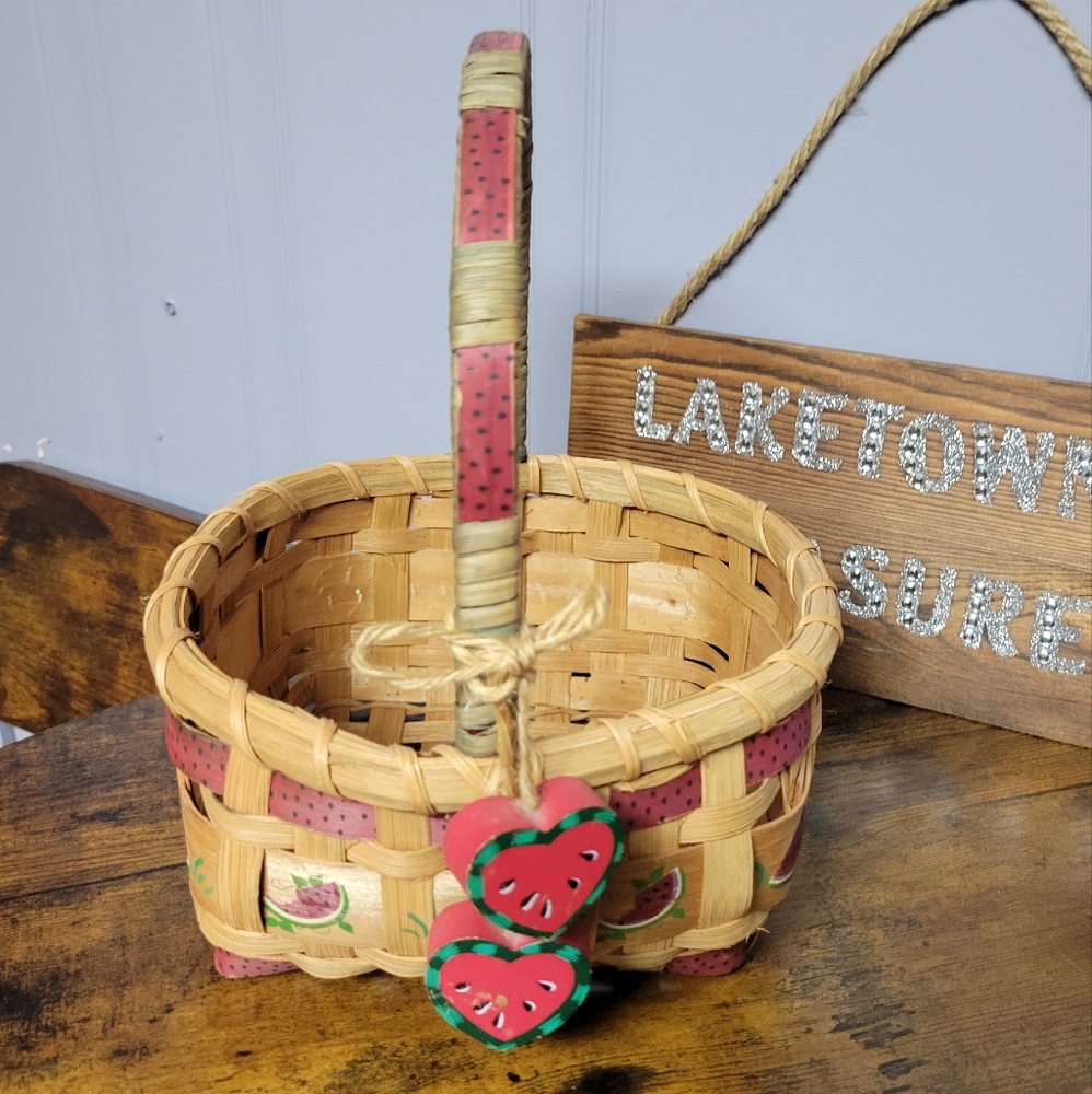 Vintage Woven Basket with handpainted Watermelon Accents